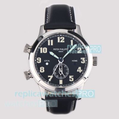 Swiss Cal.9015 Replica Patek Philippe Calatrava Black Dial Pilot Travel Time Watch 